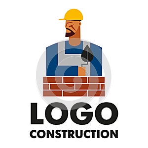 Logo construction. A stern, stylish bricklayer in a hard hat