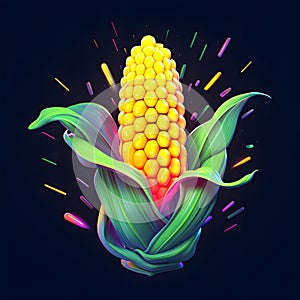 Logo corn cob in Green leaf 3D navy blue solid dark background. Corn as a dish of thanksgiving for the harvest