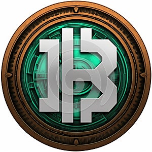 a logo of the decentralized Bitcoin blockchain technology, in the style of bronzepunk. emerald and bronze coin. generative ai