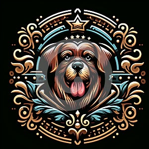 A logo design art in unique style, luxuries, with a cute dog in the centered, rich deep colors, for pet shop, t-shirt prints