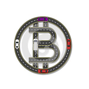 Logo design bitcoin. stylized road, highway with marking. Movement of cars and minivans. illustration