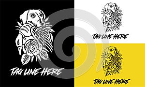logo design of dog eating duck black and white vector illustration