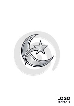 A logo design featuring a metallic crescent moon with a five-