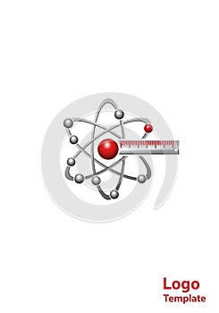 A logo design featuring stylized atomic orbits with a central red