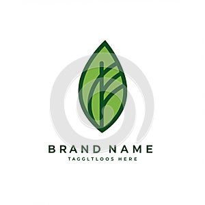 Logo design featuring a stylized green leaf with a dark green outline and internal linea