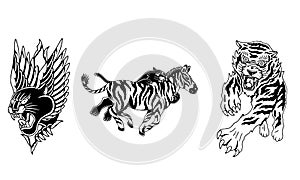 logo design of head black panther, zebra and tiger black and white vector illustration