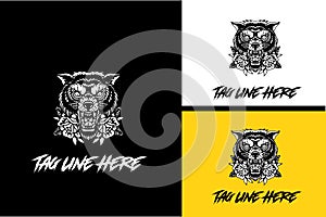 logo design of head wolf and rose vector black and white