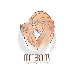 Logo design illustration. Emblem of maternity - happy woman with baby. Motherhood illustration