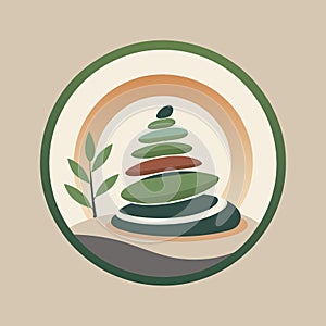 Logo design incorporating rocks and a plant in a zen garden setting, Zen garden with carefully arranged stones and subtle textures