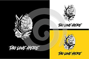 logo design of shark and ship vector black and white