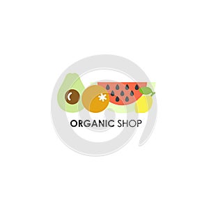 Logo design template in flat icon style for organic products - fruits symbols.
