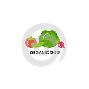 Logo design template in flat icon style for organic products - vegetables symbols.