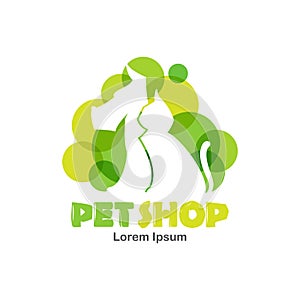 Logo design template for pet shop, veterinary clinic. Silhouette of dog and cat with green bubbles.