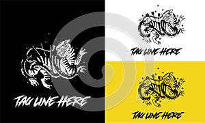 logo design of tiger and snake fighting black and white vector illustration