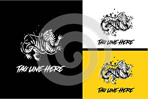 logo design of tiger and snake fighting black and white vector illustration