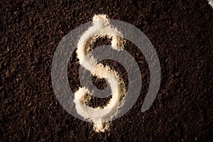 Logo dollar symbol writing sand on the dirt background