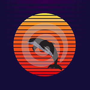 Logo of dolphin on sunset background