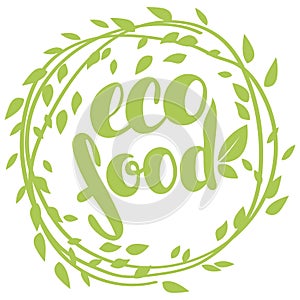 Logo eco food with leaves. Organic food badge in vector cosmeti