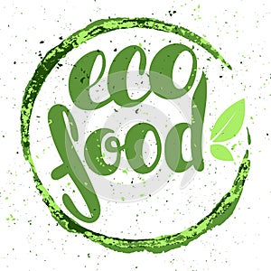 Logo eco food with leaves. Organic food badge in vector (cosmetic, food). Lettering eco food