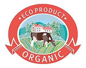 Logo Eco Product Organics. Stylized decorative Forests, houses and a cow