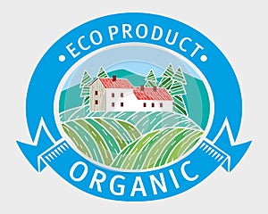 Logo Eco Product Organics. Stylized decorative Forests and Lodges