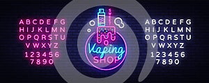 Logo electronic cigarette in neon style. Vape Shop Neon Sign, Sweet Vape Shop Concept, Emblem, Bright Night Signboard