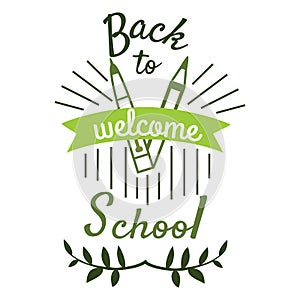 Back to school Logo element in green colors with ribbon pen pencil vector illustration. New schoolyear concept. Flat