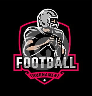 Logo, emblem with an American football player and the inscription Football tournament on a dark background. Vector