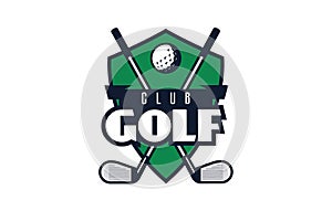 Logo, emblem of the ball and sticks for golf. Colorful emblem of golf ball and sticks on shield background. Sports club