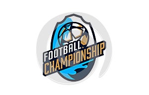 Logo, emblem of the football championship. Colorful emblem of the championship with the ball on the background of the
