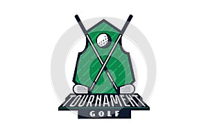 Logo, emblem of the golf tournament. Colorful emblem of the championship with the ball and sticks on the background of