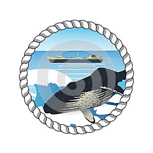 Logo emblem with gray whale and whaling ship