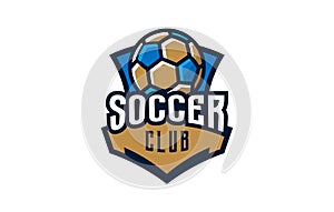 Logo, emblem of soccer. Colorful emblem of the soccer ball on the background of the shield. Football sport club logo