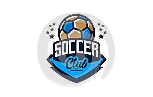 Logo, emblem of soccer. Colorful emblem of the soccer ball on the background of the shield. Football sport club logo