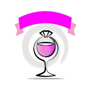 Logo for the engagement party. A glass of champagne and a ring with a diamond. Glamorous logo with ribbon