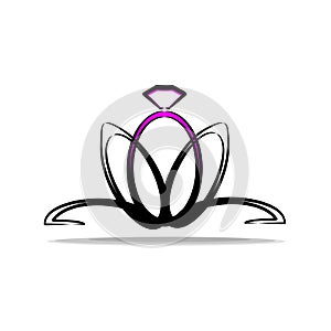 Logo for the engagement and the wedding. Ring in the form of a flower. Fashionable and contrast logo with decorations