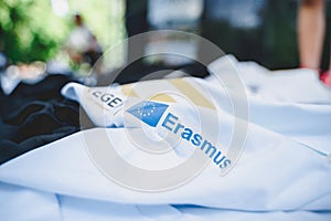 The Logo of Erasmus on a white t-shirt with blurred background
