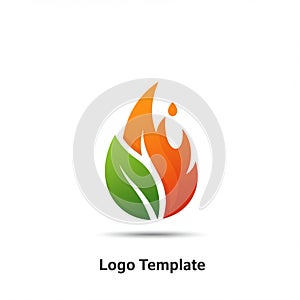Logo features a stylized design combining a green leaf and an orange flame,