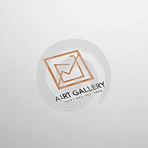 Logo featuring an abstract, angular design within a square frame, colored in a warm