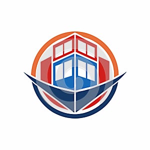 A logo featuring a house at the center within a shipping container-inspired symmetrical design, A logo design inspired by shipping
