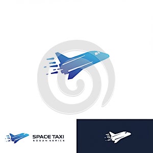 A logo featuring a stylized blue gradient space shuttle, angled upward, with lines
