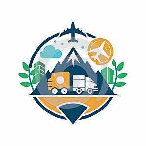 Logo featuring symbols of travel and delivery for a travel company brand identity, Incorporating symbols of travel and delivery in