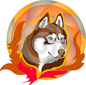 Logo of a fiery wolf or husky dog against the flames