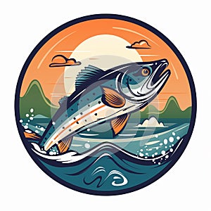 logo fishing large fish jumping out of circle