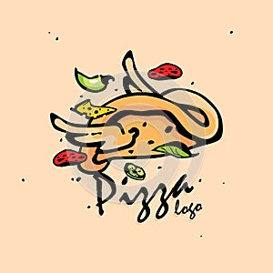 The logo is flying on the wings of a pizza. Cartoon logo for pizza restaurant and delivery service.