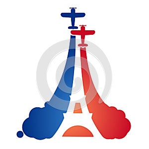 Logo in the form of flying sport aircraft at an air show with the silhouette of the Eiffel tower