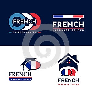 Set of Learning French Language Class Logo. language exchange program, forum, and international communication sign