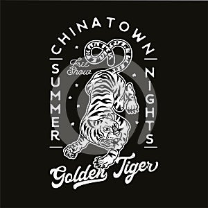 Logo with Golden Tiger for t-shirt and denim. Vector illustration