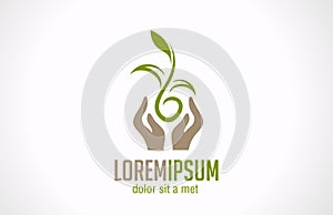 Logo Hands holding plant abstract icon. Green conc