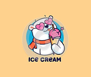 The logo head polar bear with ice cream. Food logotype with text, cute animal with glasses, cartoon character, badge